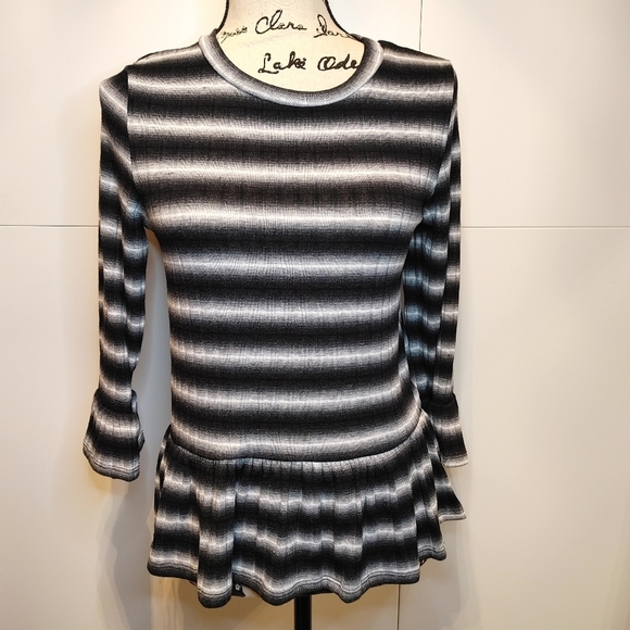 Private Label Tops - Striped Babydoll Peplum Top Black Gray 3/4 Sleeve Fit Flare Blouse S NWT